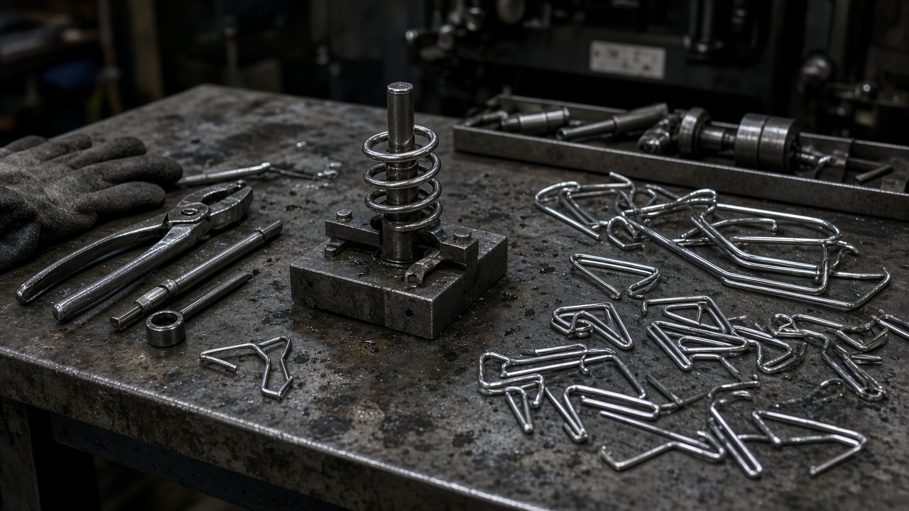 Wire forming bench with tools and formed parts