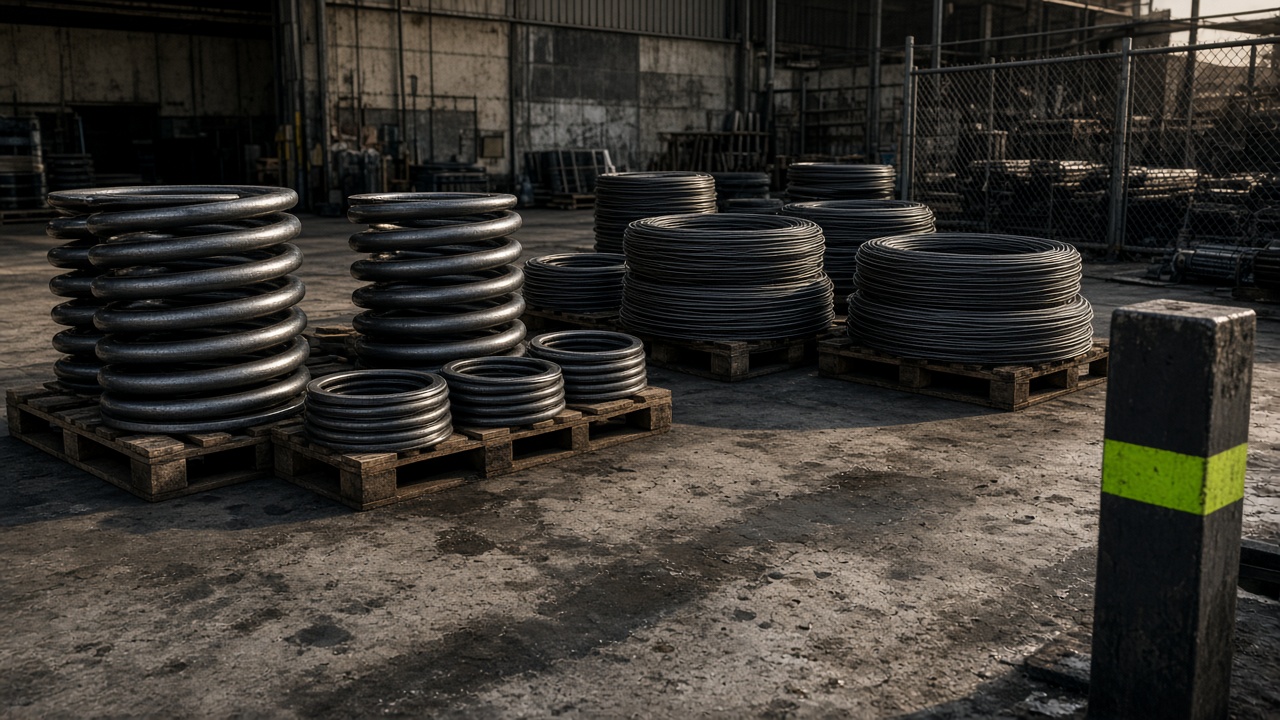 Steel springs stacked on pallets in an industrial yard